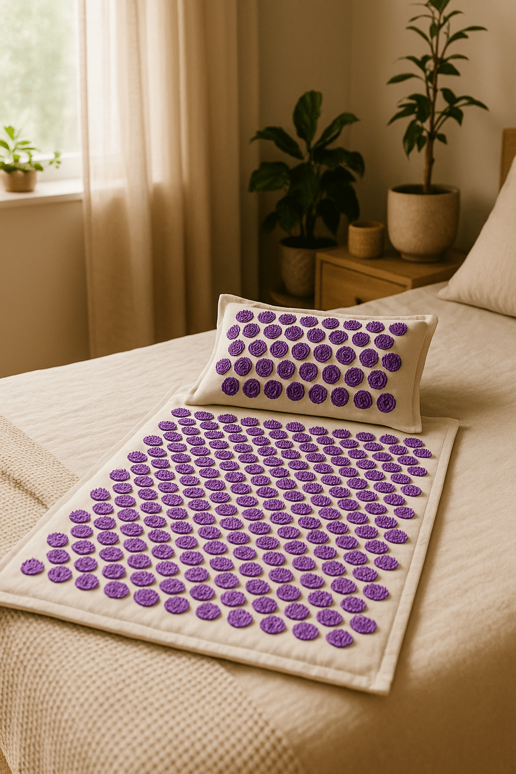 Tapis d'acupression mauve sur lit