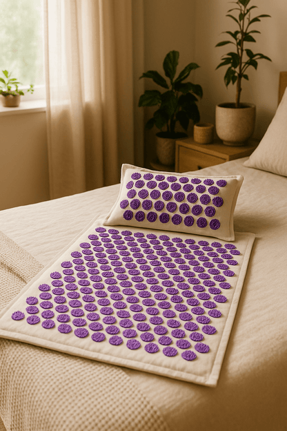 Tapis d'acupression mauve sur lit